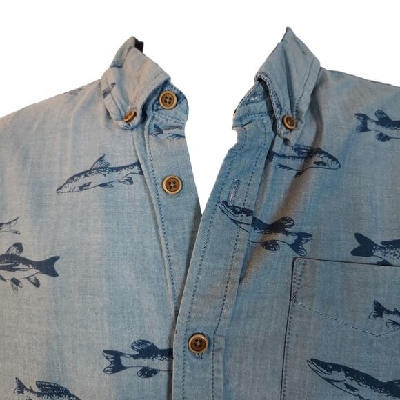 Chevignon Shirt Short Sleeve Mens Large Slim Fit Blue Fish Print Buttonup - Picture 2 of 9